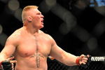 LAS VEGAS - JULY 11:  Brock Lesnar reacts after knocking out Frank Mir during their heavyweight title bout during UFC 100 on July 11, 2009 in Las Vegas, Nevada.  (Photo by Jon Kopaloff/Getty Images)