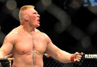 LAS VEGAS - JULY 11:  Brock Lesnar reacts after knocking out Frank Mir during their heavyweight title bout during UFC 100 on July 11, 2009 in Las Vegas, Nevada.  (Photo by Jon Kopaloff/Getty Images)