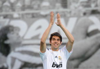 MADRID, SPAIN - JUNE 30:  New signing Kaka waves to fans during his official presentation as a Real Madrid player at the Santiago Bernabeu Stadium on June 30, 2009 in Madrid, Spain.  (Photo by Denis Doyle/Getty Images)