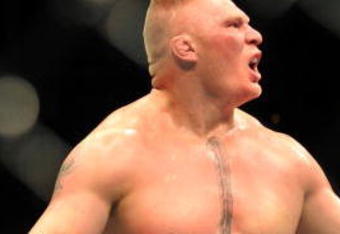 LAS VEGAS - JULY 11:  Brock Lesnar reacts after knocking out Frank Mir during their heavyweight title bout during UFC 100 on July 11, 2009 in Las Vegas, Nevada.  (Photo by Jon Kopaloff/Getty Images)
