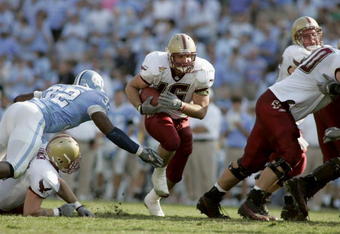 CHAPEL HILL, NC - NOVEMBER 5:  Linebacker Brian Toal #16 of the Boston College Eagles rushes against the North Carolina Tar Heels at Kenan Stadium on November 5, 2005 in Chapel Hill, North Carolina. North Carolina won 16-14.  (Photo By Grant Halverson/Getty Images)