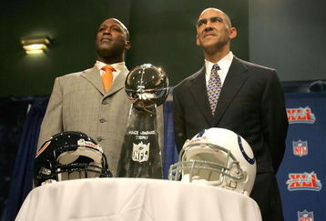 MIAMI - FEBRUARY 02:  (L-R) Head coaches, Lovie Smith of the Chicago Bears and Tony Dungy of the Indianapolis Colts pose together with the Super Bowl Trophy during a press conference at the Miami Beach Convention Center on February 2, 2007 in Miami, Florida.  (Photo by Jonathan Daniel/Getty Images)