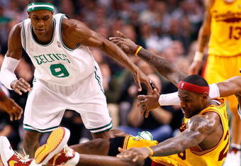 BOSTON, MA - MARCH 6: LeBron James #23 of the Cleveland Cavaliers battles Rajon Rondo #9 of the Boston Celtics at the TD Banknorth Garden on March 6, 2009 in Boston, Massachusetts. The Celtics won 105-94. NOTE TO USER: User expressly acknowledges and agrees that, by downloading and/or using this Photograph, user is consenting to the terms and conditions of the Getty Images License Agreement. (Photo by Jim Rogash/Getty Images)