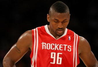 LOS ANGELES, CA - MAY 17:  Ron Artest #96 of the Houston Rockets looks down in the first quarter against the Los Angeles Lakers in Game Seven of the Western Conference Semifinals during the 2009 NBA Playoffs at Staples Center on May 17, 2009 in Los Angeles, California. NOTE TO USER: User expressly acknowledges and agrees that, by downloading and or using this photograph, User is consenting to the terms and conditions of the Getty Images License Agreement.  (Photo by Stephen Dunn/Getty Images)