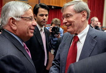 WASHINGTON - FEBRUARY 27:  National Basketball Association Commissioner David Stern (L) greets Major League Baseball Commissioner Bud Selig before testifying with the heads of the NFL and the NHL to the U.S. House Subcommittee on Commerce, Trade and Consumer Protection about the use of illegal performance-enhancing drugs in professional sports on Captiol Hill February 27, 2008 in Washington, DC. The subcommittee also heard testimony from officials from the U.S. Olympic Committee, National Thoroughbred Racing and the U.S. Anti-Doping Agency.  (Photo by Chip Somodevilla/Getty Images)