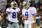 PHILADELPHIA - DECEMBER 28: Tony Romo #9 and Terrell Owens #81 of the Dallas Cowboys look on in the fourth quarter against the Philadelphia Eagles on December 28, 2008 at Lincoln Financial Field in Philadelphia, Pennsylvania. The Eagles defeated the Cowboys 44-6.  (Photo by Jim McIsaac/Getty Images)