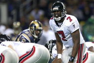 6 Jan 2002: Michael Vick #7 of the Atlanta Falcons calls out the play against the St. Louis Rams at the Dome at America's Center in St. Louis, Missouri. The St. Louis Rams beat the Atlanta Falcons 31-13.  DIGITAL IMAGE. Mandatory Credit: Elsa /Getty Images