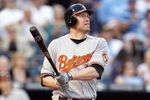 KANSAS CITY - MAY 14:  Aubrey Huff #17 of the Baltimore Orioles makes a hit against the Kansas City Royals on May 14, 2009 at Kauffman Stadium in Kansas City, Missouri. (Photo by: Jamie Squire/Getty Images)
