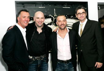 LONDON - JANUARY 17:  (UK TABLOID NEWSPAPERS OUT) (L-R) Brothers and co-owners of the Ultimate Fighting Championship Frank (L) and Lorenzo Fertitta (2nd R), UFC president Dana White (2nd L) and photographer Kevin Lynch attend the 'Octagon' private view at Hamilton's gallery on January 17, 2007 in London, England.  The exhibition showcases work by Lynch documenting the world of Ultimate Fighter Championship (UFC) events.  (Photo by Claire Greenway/Getty Images)