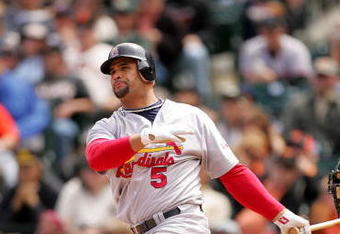 SAN FRANCISCO - MAY 31:  Albert Pujols #5 of the St. Louis Cardinals bats against the San Francisco Giants at AT&T Park on May 31, 2009 in San Francisco, California.  (Photo by Ezra Shaw/Getty Images)