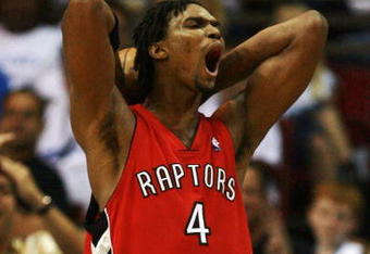 ORLANDO, FL - APRIL 20:  Chris Bosh #4 of the Toronto Raptors reacts after being called for a foul in the second half against the Orlando Magic in Game One of the Eastern Conference Quarterfinals during the 2008 NBA Playoffs at the Amway Arena on April 20, 2008 in Orlando, Florida. The Magic defeated the Raptors 114-100. NOTE TO USER: User expressly acknowledges and agrees that, by downloading and or using this photograph, User is consenting to the terms and conditions of the Getty Images License Agreement.  (Photo by Doug Benc/Getty Images)