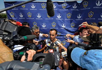 CARSON, CA - JULY 13:  Landon Donovan of the Los Angeles Galaxy speaks with the media following practice at The Home Depot Center on July 13, 2009 in Carson, California. David Beckham the English midfielder for the Galaxy called Donovan 'unprofessional' for criticizing him to an author without speaking with him first.  (Photo by Kevork Djansezian/Getty Images)