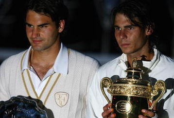 LONDON - JULY 06:  Rafael Nadal of Spain and Roger Federer of Switzerland pose for pictures with after Nadal won in five sets in the final on day thirteen of the Wimbledon Lawn Tennis Championships at the All England Lawn Tennis and Croquet Club on July 6, 2008 in London, England.  (Photo by Julian Finney/Getty Images)