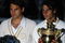 LONDON - JULY 06:  Rafael Nadal of Spain and Roger Federer of Switzerland pose for pictures with after Nadal won in five sets in the final on day thirteen of the Wimbledon Lawn Tennis Championships at the All England Lawn Tennis and Croquet Club on July 6, 2008 in London, England.  (Photo by Julian Finney/Getty Images)