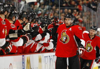 OTTAWA - FEBRUARY 26:  Dany Heatley #15 and Mike Fisher #12 of the Ottawa Senators celebrate a goal against the San Jose Sharks in a game on February 26, 2009 at the Scotiabank Place in Ottawa, Canada. (Photo by Phillip MacCallum/Getty Images)