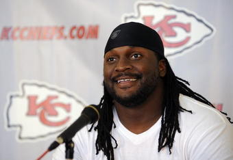 KANSAS CITY, MO - MAY 9:  First round draft choice Tyson Jackson #94 of the Kansas City Chiefs is interviewed following a rookie minicamp at the Chiefs practice facility on May 9, 2009 in Kansas City, Missouri. (Photo by G. Newman Lowrance/Getty Images)