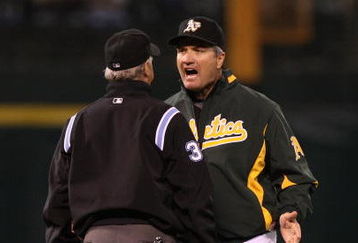 OAKLAND, CA - JUNE 23: Manager Bob Geren of the Oakland Athletics argues a call in the 7th inning against the San Francisco Giants during a Major League Baseball game on June 23, 2009 at the Oakland Coliseum in Oakland, California.  (Photo by Jed Jacobsohn/Getty Images)