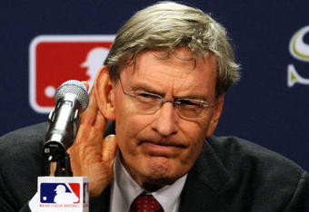 PHILADELPHIA - OCTOBER 27:  Major League Baseball commissioner Bud Selig listens to a question from the media after explaining the rules involved with suspending game five of the 2008 MLB World Series between the Philadelphia Phillies and the Tampa Bay Rays till 8:00 pm (EST) on October 28 at the earliest of the Philadelphia Phillies at a press conference on October 27, 2008 at Citizens Bank Park in Philadelphia, Pennsylvania.  (Photo by Elsa/Getty Images)