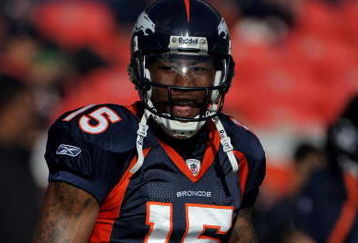 DENVER - NOVEMBER 23:  Wide receiver Brandon Marshall #15 of the Denver Broncos warms up prior to facing the Oakland Raiders during week 12 NFL action at Invesco Field at Mile High on November 23, 2008 in Denver, Colorado. The Raiders defeated the Broncos 31-10.  (Photo by Doug Pensinger/Getty Images)