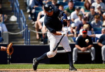 TAMPA, FL - FEBRUARY 28:  Third baseman Alex Rodriguez #13 of the New York Yankees fouls off a pitch against the Minnesota Twins during a Grapefruit League Spring Training Game at George M. Steinbrenner Field on February 28, 2009 in Tampa, Florida.  (Photo by J. Meric/Getty Images)