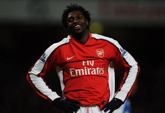 LONDON - DECEMBER 06:  Emmanuel Adebayor of Arsenal looks on after a miss during the Barclays Premier League match between Arsenal and Wigan Athletic at the Emirates Stadium on December 6, 2008 in London, England.  (Photo by Shaun Botterill/Getty Images)