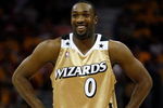 CLEVELAND - APRIL 19:  Gilbert Arenas #0 of the Washington Wizards smiles in the game against the Cleveland Cavaliers in Game One of the Eastern Conference Quarterfinals during the 2008 NBA Playoffs on April 19, 2008 at Quicken Loans Arena in Cleveland, Ohio.  The Cavaliers won 93-86.  NOTE TO USER: User expressly acknowledges and agrees that, by downloading and or using this photograph, User is consenting to the terms and conditions of the Getty Images License Agreement. (Photo by Gregory Shamus/Getty Images)