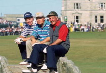 19 Jul 2000:  Tom Watson, Jack Nicklaus and Roberto de Vicenzo on the Swilken Bridge during the Champions Challenge before the British Open on the Old Course at St Andrews in Scotland. \ Mandatory Credit:  Stephen Munday/Getty Images