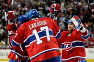 MONTREAL- APRIL 20:  Members of the Montreal Canadiens celebrate the second period goal by Yannick Weber #68 during Game Three of the Eastern Conference Quarterfinals of the 2009 Stanley Cup Playoffs against the Boston Bruins at the Bell Centre on April 20, 2009 in Montreal, Quebec, Canada.  The Bruins defeated the Canadiens 4-2.  (Photo by Richard Wolowicz/Getty Images)
