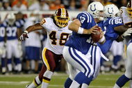 CANTON, OH - AUGUST 3:  Safety Chris Horton #48 of the Washington Redskins looks for a sack against the Indianapolis Colts in the Pro Football Hall of Fame Game at Fawcett Stadium on August 3, 2008 in Canton, Ohio.   (Photo by Al Messerschmidt/Getty Images)