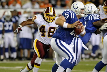 CANTON, OH - AUGUST 3:  Safety Chris Horton #48 of the Washington Redskins looks for a sack against the Indianapolis Colts in the Pro Football Hall of Fame Game at Fawcett Stadium on August 3, 2008 in Canton, Ohio.   (Photo by Al Messerschmidt/Getty Images)