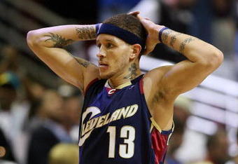 ORLANDO, FL - MAY 30:  Delonte West #13 of the Cleveland Cavaliers reacts after a play against the Orlando Magic in Game Six of the Eastern Conference Finals during the 2009 Playoffs at Amway Arena on May 30, 2009 in Orlando, Florida. NOTE TO USER: User expressly acknowledges and agrees that, by downloading and or using this photograph, User is consenting to the terms and conditions of the Getty Images License Agreement  (Photo by Elsa/Getty Images)