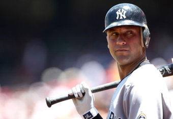 ANAHEIM, CA - JULY 11:  Derek Jeter #2 of the New York Yankees waits on deck during the game with the Los Angeles Angels of Anaheim on July 11, 2009 at Angel Stadium in Anaheim, California.  The Angels won 12-8.  (Photo by Stephen Dunn/Getty Images)