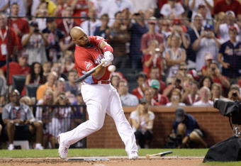 ST. LOUIS, MO - JULY 13: National League All-Star Albert Pujols of the St. Louis Cardinals competes in the State Farm Home Run Derby at Busch Stadium on July 13, 2009 in St. Louis, Missouri. (Photo by Jamie Squire/Getty Images)