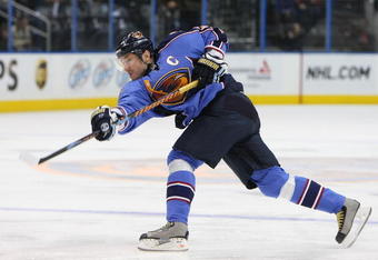 ATLANTA - FEBRUARY 06:  Ilya Kovalchuk #17 of the Atlanta Thrashers takes the shot against the New Jersey Devils on February 6, 2009 at the Philips Arena in Atlanta, Georgia.  (Photo by Bruce Bennett/Getty Images)