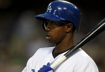 LOS ANGELES, CA - JUNE 10:  Juan Pierre #9 of the Los Angeles Dodgers bats against the San Diego Padres on June 10, 2009 at Dodger Stadium in Los Angeles, California.  The Padres won 3-1.  (Photo by Stephen Dunn/Getty Images)