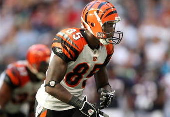 HOUSTON - OCTOBER 26:  Wide receiver Chad Johnson #85 of the Cincinnati Bengals sets on the line of scrimmage against the Houston Texans on October 26, 2008 at Reliant Stadium in Houston, Texas.  (Photo by Stephen Dunn/Getty Images)