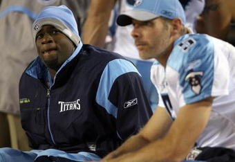 JACKSONVILLE, FL - NOVEMBER 16:  Quarterbacks Kerry Collins #5 and Vince Young #10 of the Tennessee Titans talk on the sidelines in the second half while taking on the Jacksonville Jaguars at Jacksonville Municipal Stadium on November 16, 2008 in Jacksonville, Florida. The Titans defeated the Jaguars 24-14.  (Photo by Doug Benc/Getty Images)
