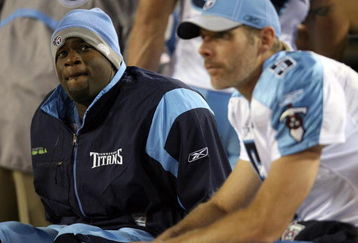 JACKSONVILLE, FL - NOVEMBER 16:  Quarterbacks Kerry Collins #5 and Vince Young #10 of the Tennessee Titans talk on the sidelines in the second half while taking on the Jacksonville Jaguars at Jacksonville Municipal Stadium on November 16, 2008 in Jacksonville, Florida. The Titans defeated the Jaguars 24-14.  (Photo by Doug Benc/Getty Images)