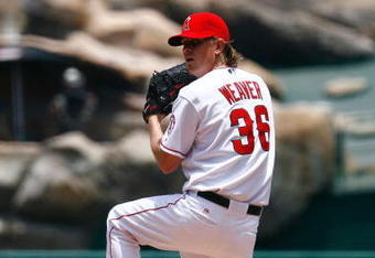 ANAHEIM, CA - JUNE 14:  Jered Weaver #36 of the Los Angeles Angels of Anaheim pitches against the San Diego Padres at Angel Stadium on June 14, 2009 in Anaheim, California. The Angels defeated the Padres 6-0.  (Photo by Jeff Gross/Getty Images)
