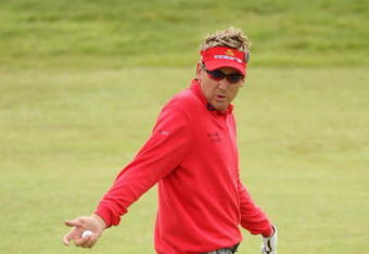 TURNBERRY, SCOTLAND - JULY 14:  Ian Poulter of England gestures during a practice round prior to the 138th Open Championship on the Ailsa Course, Turnberry Golf Club on July 14, 2009 in Turnberry, Scotland.  (Photo by Andrew Redington/Getty Images)