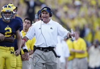 ANN ARBOR, MI - SEPTEMBER 27:  Head coach Rich Rodriguez of the Michigan Wolverines reacts during the game against the Wisconsin Badgers on September 27, 2008 at Michigan Stadium in Ann Arbor, Michigan. (Photo by Gregory Shamus/Getty Images) 
