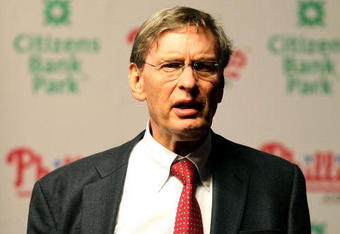 PHILADELPHIA - OCTOBER 27:  Major League Baseball commissioner Bud Selig looks on prior to a press conference announcing the suspension of game five of the 2008 MLB World Series between the Philadelphia Phillies and the Tampa Bay Rays till 8:00 pm (EST) on October 28 at the earliest of the Philadelphia Phillies at a press conference on October 27, 2008 at Citizens Bank Park in Philadelphia, Pennsylvania. The game ended up being completed on October 29 with the Phillies winning 4-3 to clinch the world series title. (Photo by Elsa/Getty Images)