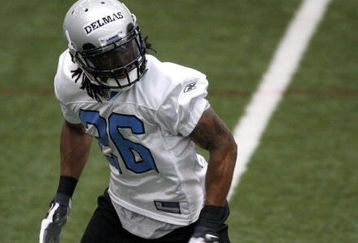 ALLEN PARK, MI - MAY 01:  Louis Delmas #26 of the Detroit Lions looks for a pass during rookie orientation camp at the Detroit Lions Headquarters and Training Facility on May 1, 2009 in Allen Park, Michigan.  (Photo by Gregory Shamus/Getty Images)