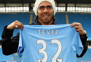 MANCHESTER, ENGLAND - JULY 14:  Carlos Tevez poses as he is unveilled at the City of Manchester Stadium after signing for Manchester City on July 14, 2009 in Manchester, England.  (Photo by Matthew Lewis/Getty Images)