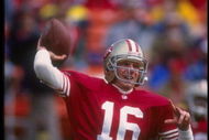 9 Jan 1993: Quarterback Joe Montana of the San Francisco 49ers throws the ball during a playoff game against the Washington Redskins at Candlestick Park in San Francisco, California. The 49ers won the game, 20-13.