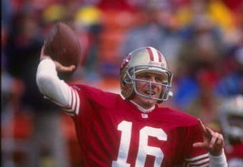 9 Jan 1993: Quarterback Joe Montana of the San Francisco 49ers throws the ball during a playoff game against the Washington Redskins at Candlestick Park in San Francisco, California. The 49ers won the game, 20-13.