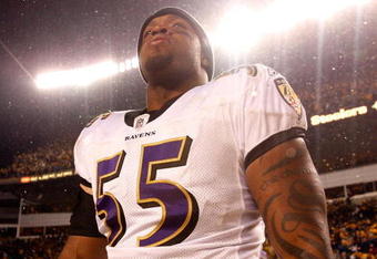 PITTSBURGH - JANUARY 18:  Terrell Suggs #55 of the Baltimore Ravens looks on dejected after their 23-14 loss against the Pittsburgh Steelers during the AFC Championship game on January 18, 2009 at Heinz Field in Pittsburgh, Pennsylvania.  (Photo by Streeter Lecka/Getty Images)
