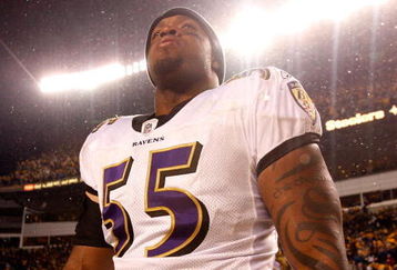 PITTSBURGH - JANUARY 18:  Terrell Suggs #55 of the Baltimore Ravens looks on dejected after their 23-14 loss against the Pittsburgh Steelers during the AFC Championship game on January 18, 2009 at Heinz Field in Pittsburgh, Pennsylvania.  (Photo by Streeter Lecka/Getty Images)