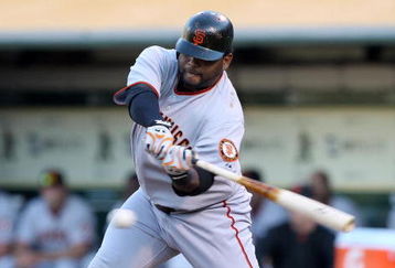OAKLAND, CA - JUNE 23:  Pablo Sandoval #48 of the San Francisco Giants hits an RBI triple in the first inning against the Oakland Athletics during a Major League Baseball game on June 23, 2009 at the Oakland Coliseum in Oakland, California.  (Photo by Jed Jacobsohn/Getty Images)