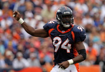 DENVER - SEPTEMBER 23:  Jarvis Moss #94 of the Denver Broncos reacts during the game against the Jacksonville Jaguars at Invesco Field at Mile High on September 23, 2007 in Denver, Colorado. The Jaguars won 23-14. (Photo by Doug Pensinger/Getty Images)